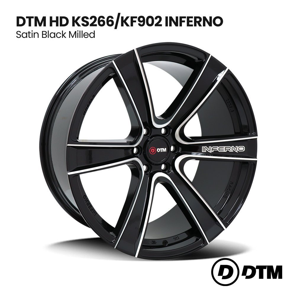 Black satin milled DTM HD KS266/KF902 Inferno alloy wheel with silver accents on white background