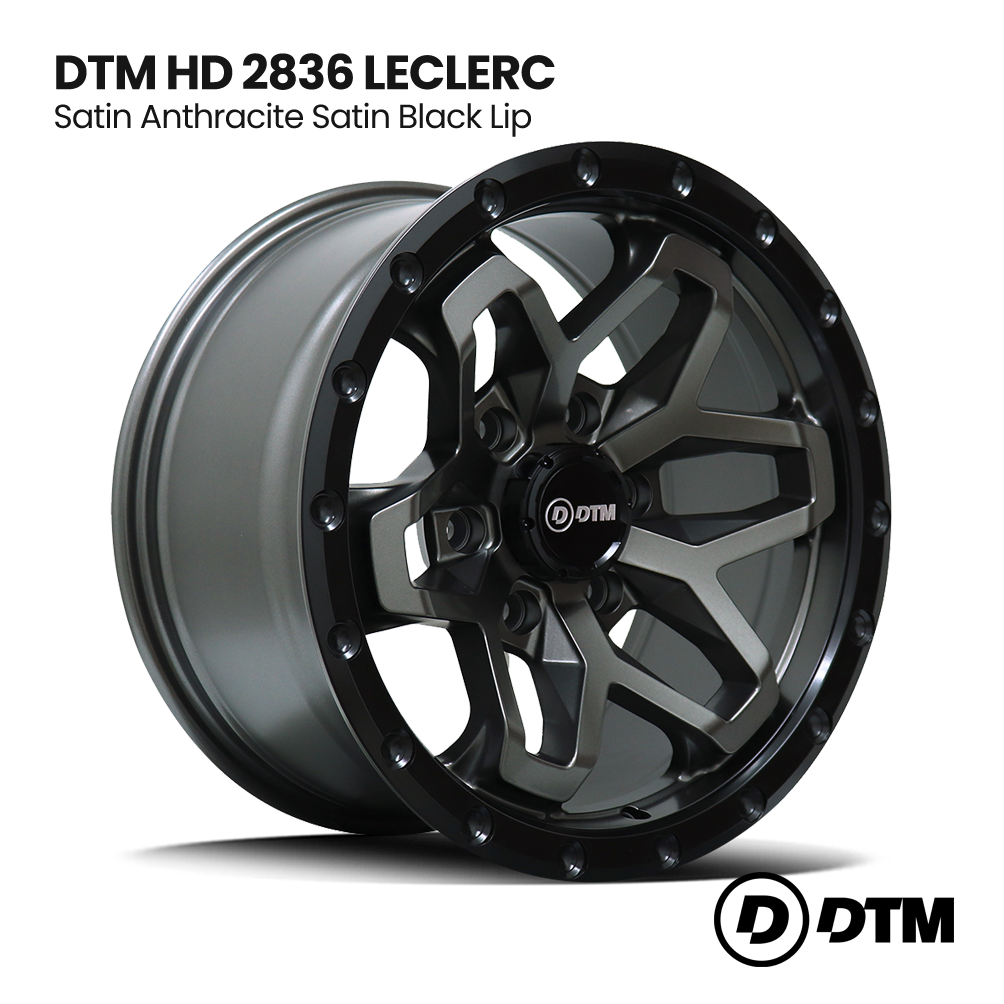 Black satin DTM HD 2836 Leclerc rim wheel with anthracite black lip on white background