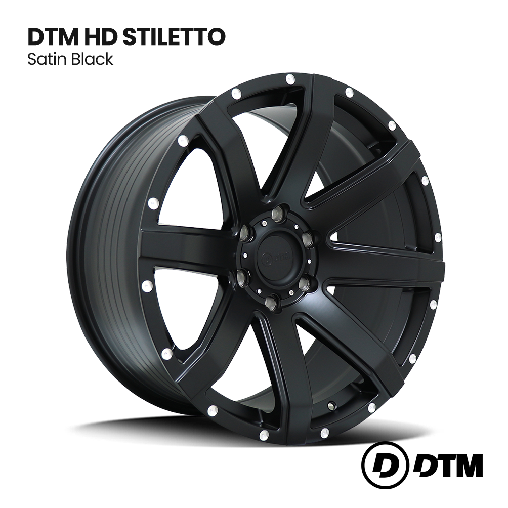 Black satin DTM HD Stiletto alloy wheel rim on white background, angled view