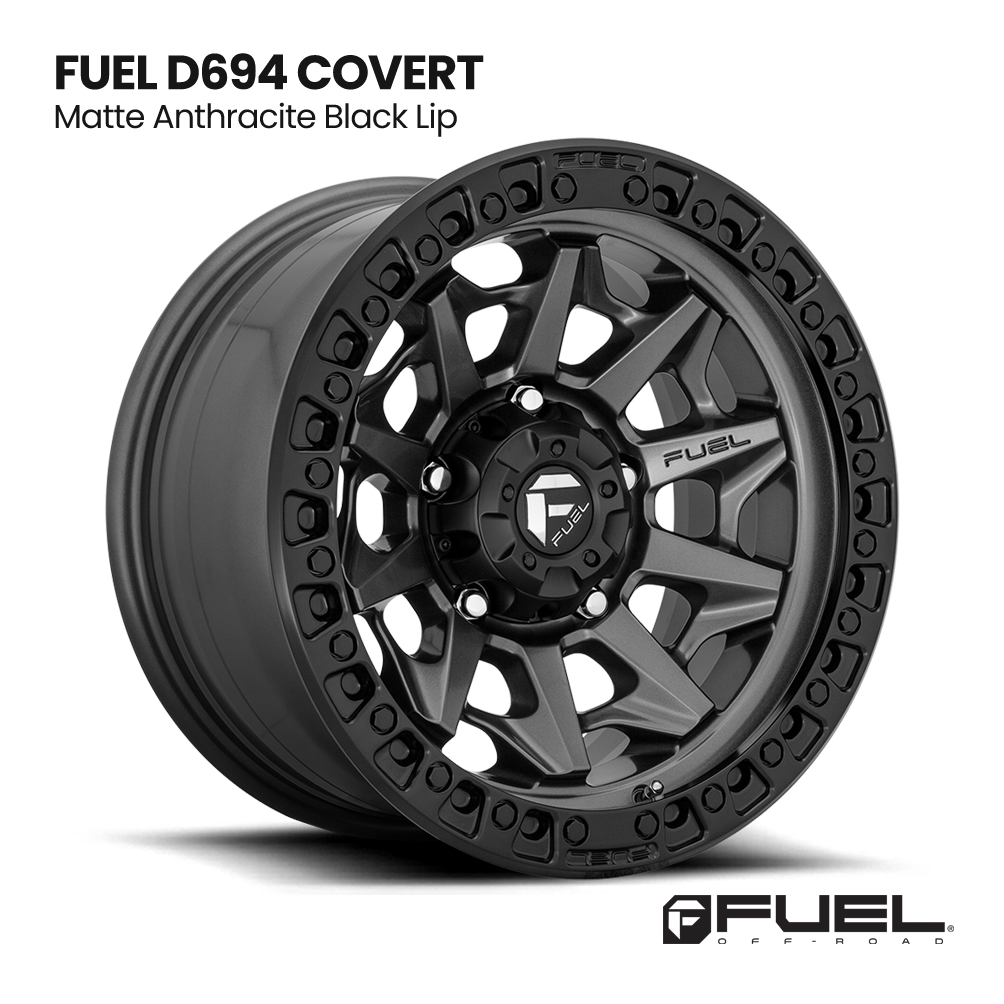 Fuel D694 Covert matte anthracite black lip truck wheel on white background