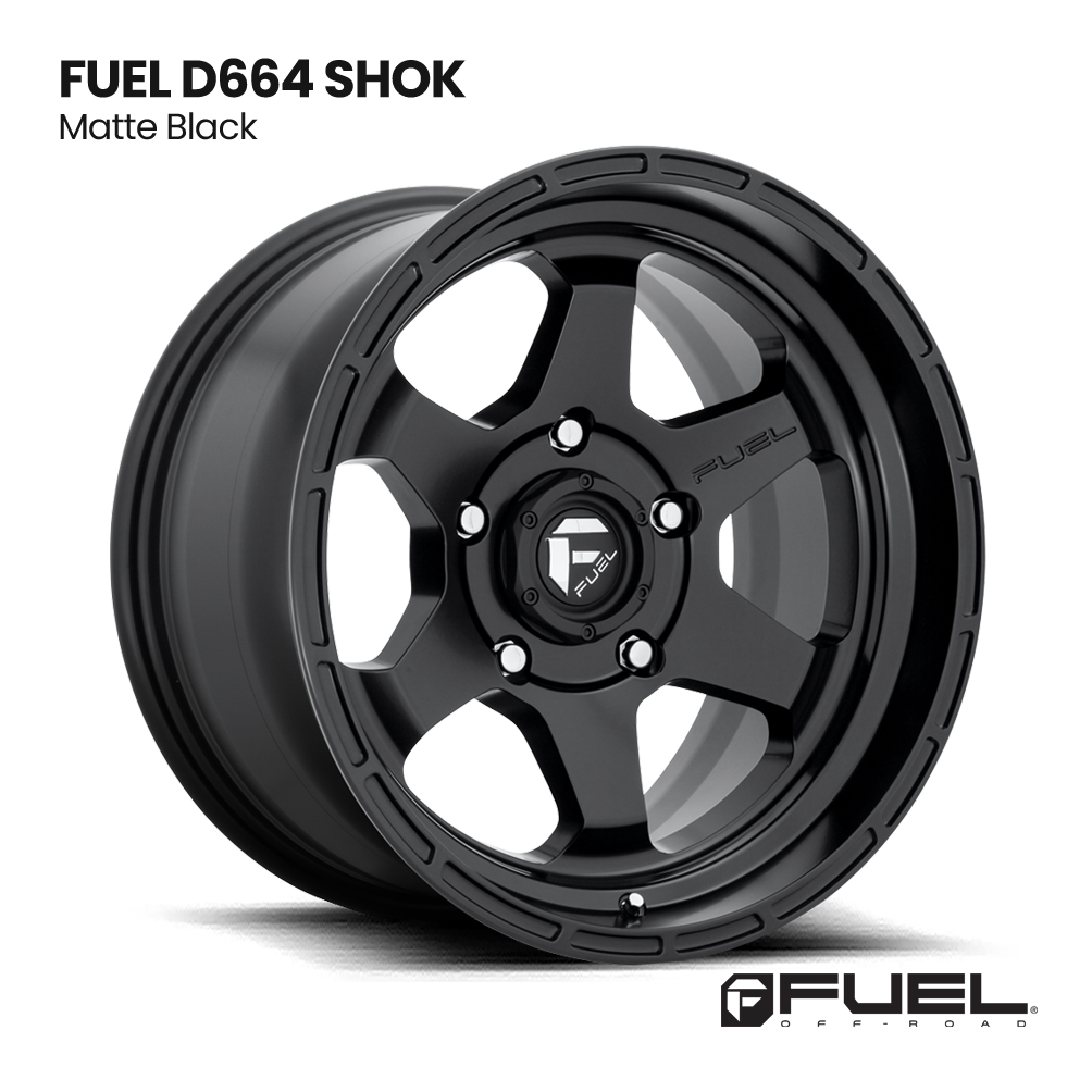 Matte black FUEL D664 SHOK wheel rim on white background