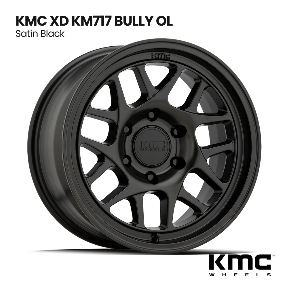 Black KMC XD KM717 Bully OL aftermarket wheel, satin finish, shown on white background