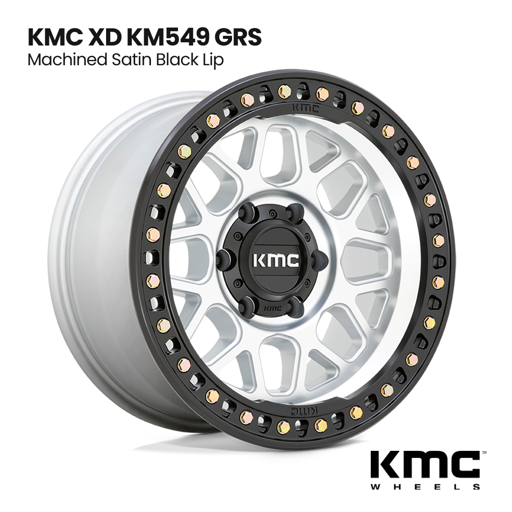 KMC XD KM549 GRS satin black and machined silver off-road wheel with bronze bolt accents and KMC logo