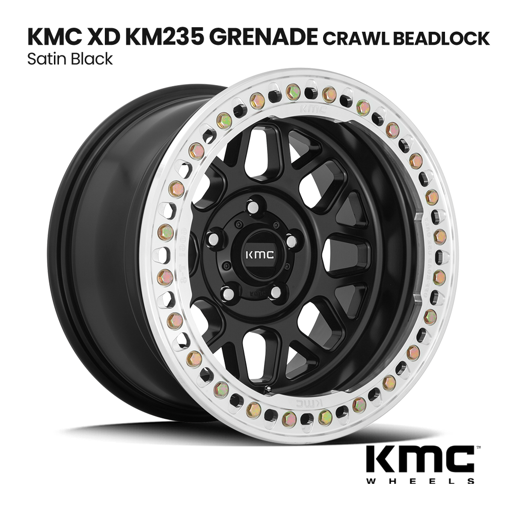KMC XD KM235 Grenade Craw beadlock wheel in satin black with silver rim bolts