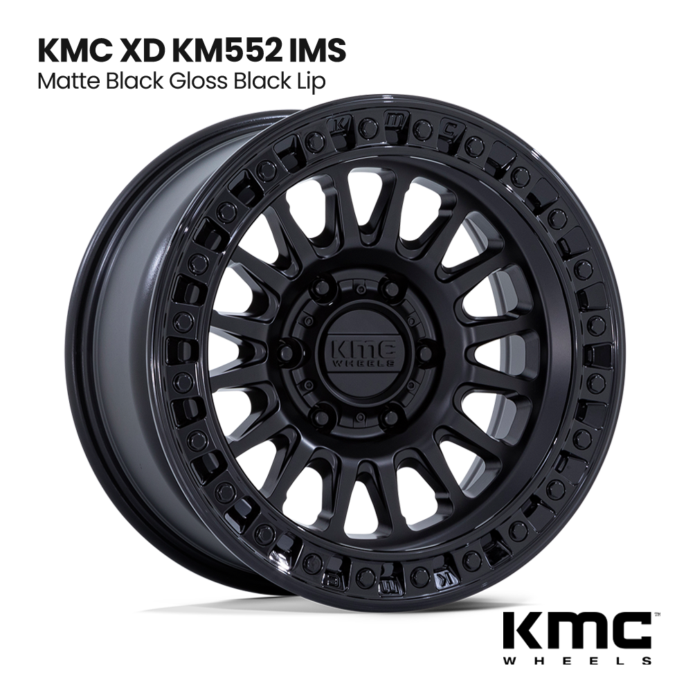 Black KMC XD M552 IMS wheel rim with matte black gloss black lip on white background