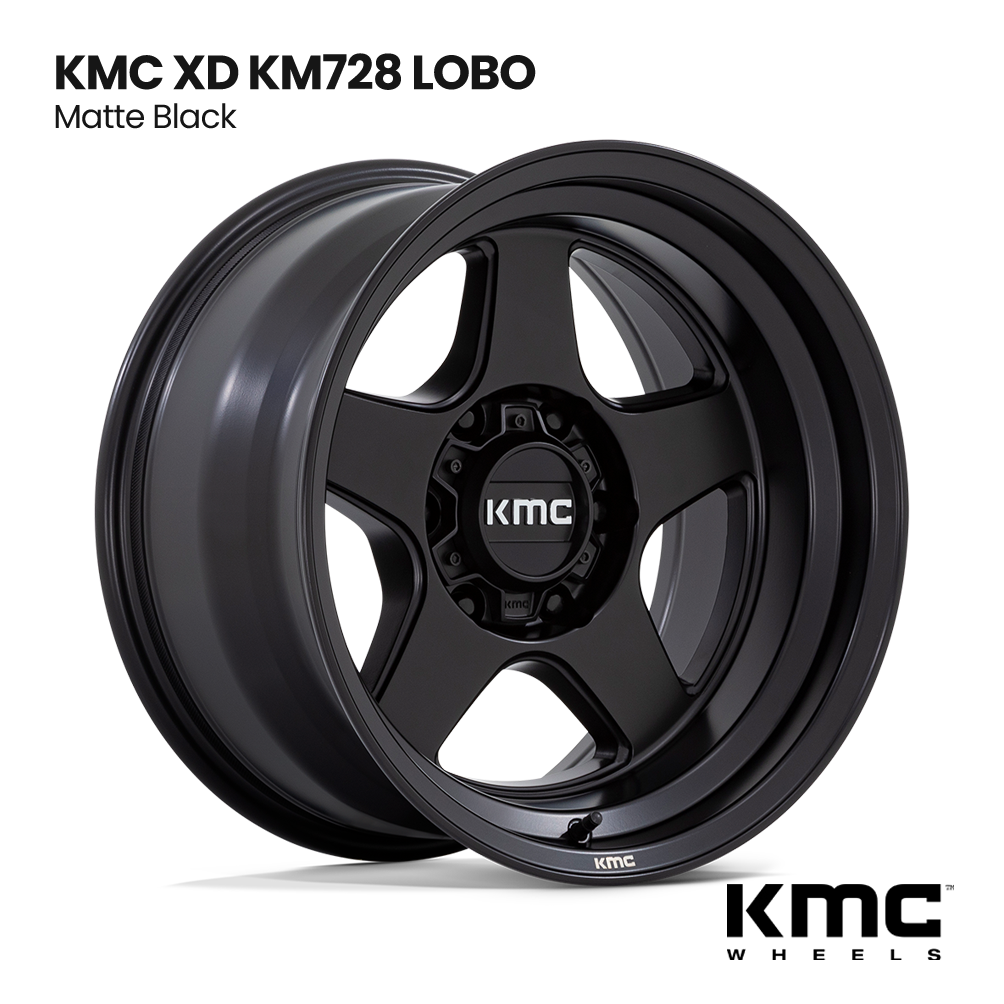 Matte black KMC XD KM728 Lobo five-spoke wheel rim on white background