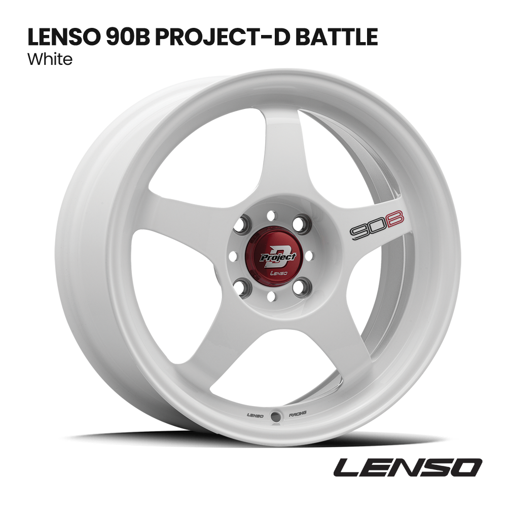 White Lenso 90B Project-D Battle alloy wheel with five spokes and red center hub on white background