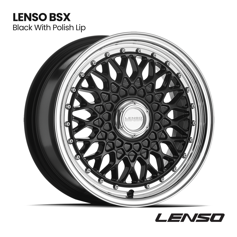 Black Lenso BSX wheel, black with polished lip, shown on white background
