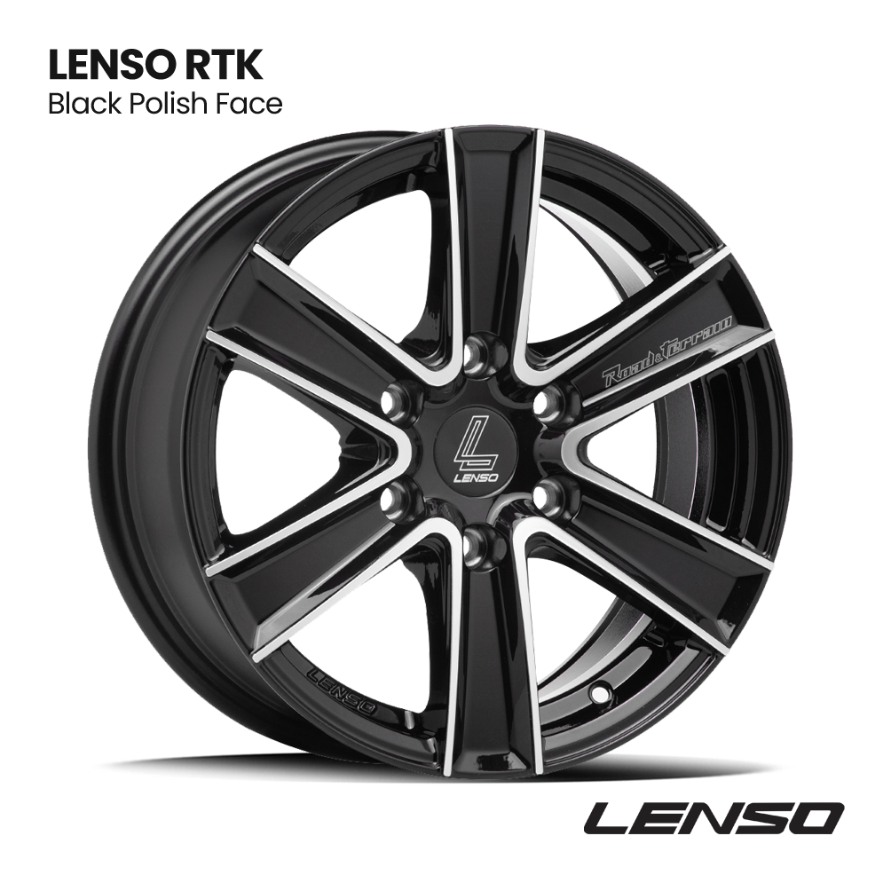 Black polished Lenso RTK alloy wheel with five split spokes on white background