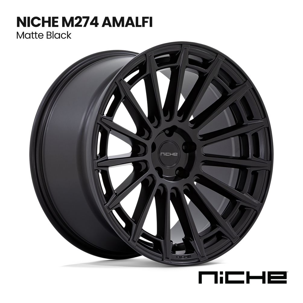 Black multi-spoke NICHE M274 AMALFI wheel, matte black, shown on a white background