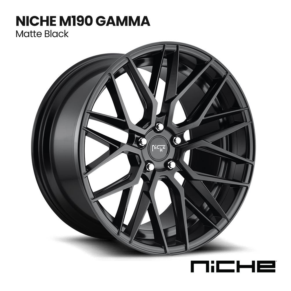 Black NICHE M190 Gamma matte black alloy wheel on white background.