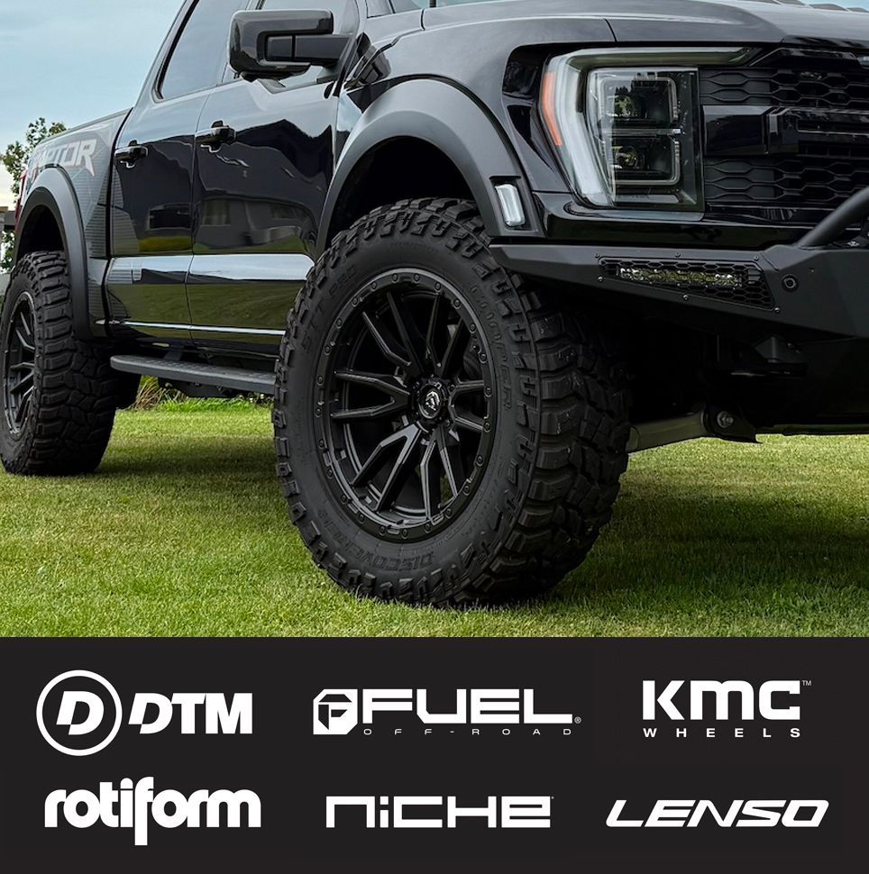 Black lifted off-road truck with custom wheels on grass, with DTM, Fuel, KMC, Rotiform, Niche, and Lenso logos.