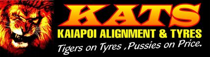 Kats Kaiapoi Alignment & Tyres KATS Kaiapoi Alignment & Tyres logo with lion graphic and slogan, black and yellow on red background