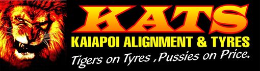 Kats Kaiapoi Alignment & Tyres KATS Kaiapoi Alignment & Tyres logo with lion graphic and slogan, black and yellow on red background