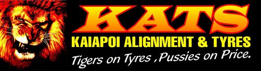 KATS Kaiapoi Alignment & Tyres logo with lion graphic and slogan, black and yellow on red background
