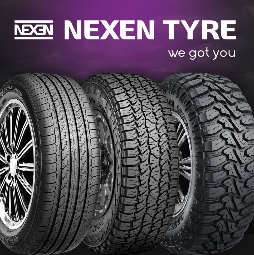 Nexen Tyre ad with four car tires on a purple background and the slogan “we got you”