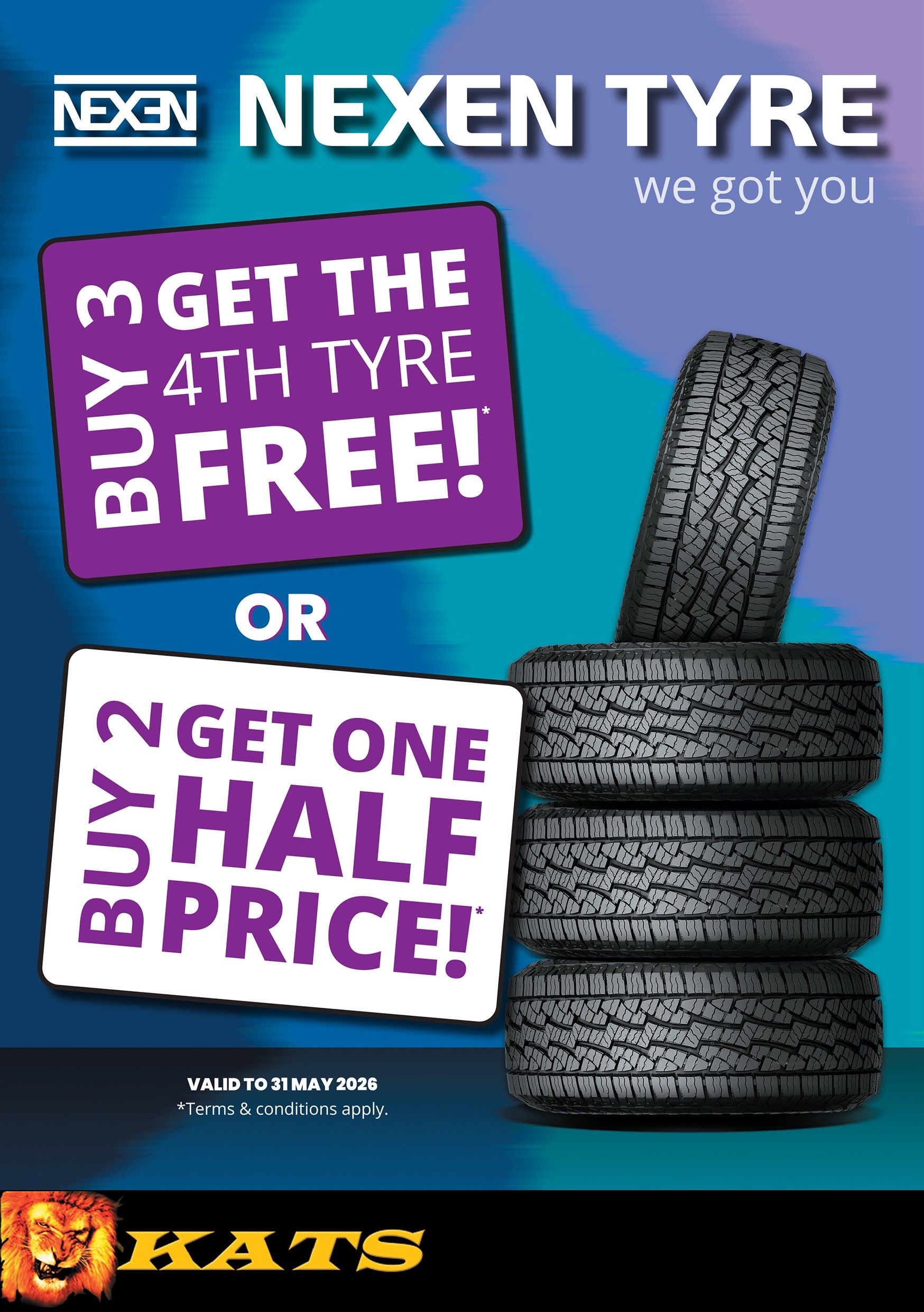Nexen Tire ad with stacked tires and purple signs: “Buy 3 get 4th tire free” or “Buy 2 get one half price”