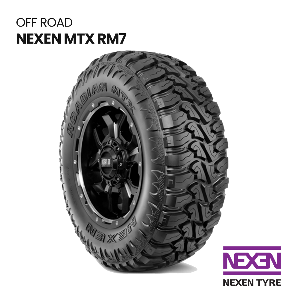 NEXEN MTX RM7 off-road tire on white background, shown angled with rugged tread and black rim