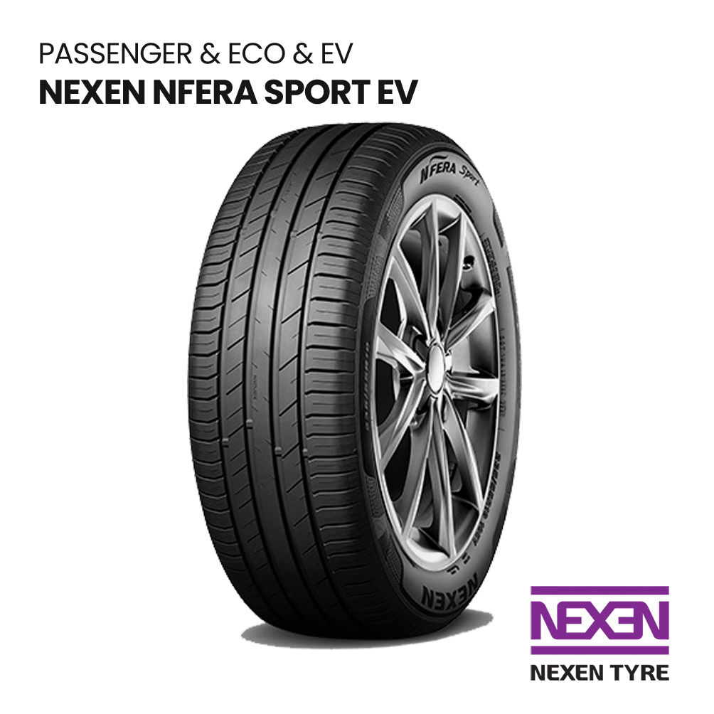 Nexen N’Fera Sport EV tire ad with black tire on white background and purple Nexen logo