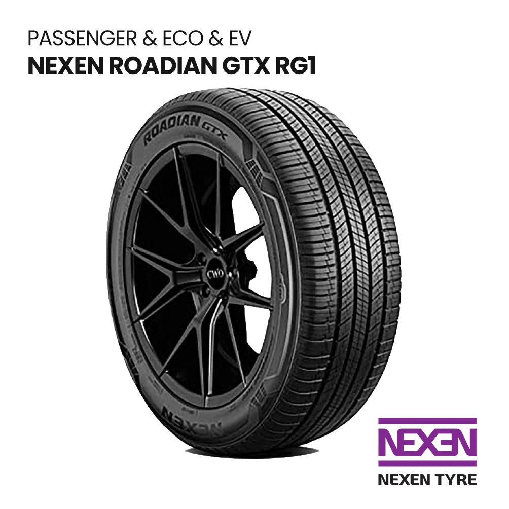 Black Nexen Roadian GTX RGI tire and wheel on white background with Nexen logo