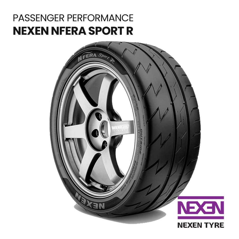 Nexen N’Fera Sport R tire on alloy wheel, black tread with white product text on a white background