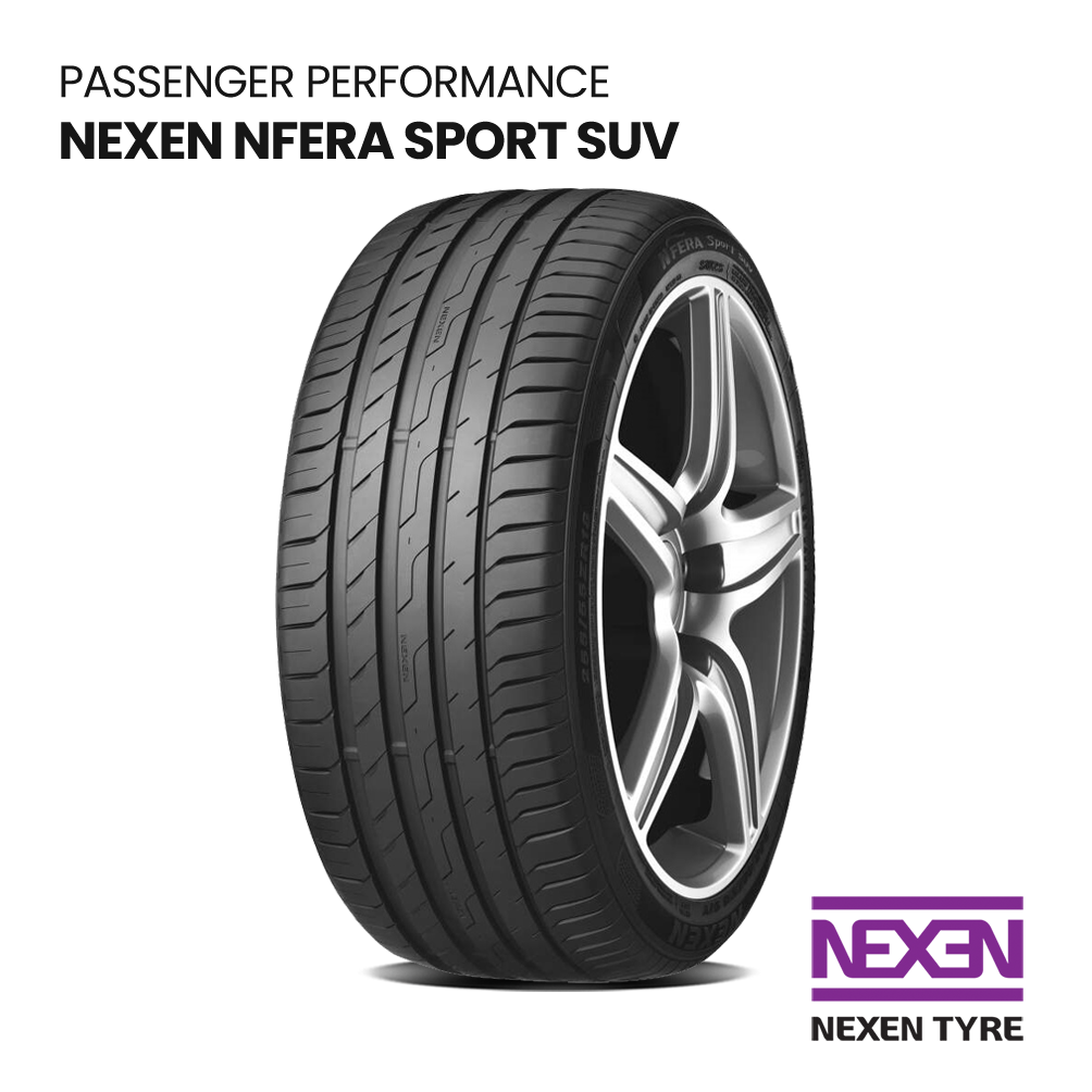 Nexen N'Fera Sport SUV tire on white background with purple Nexen logo and product name