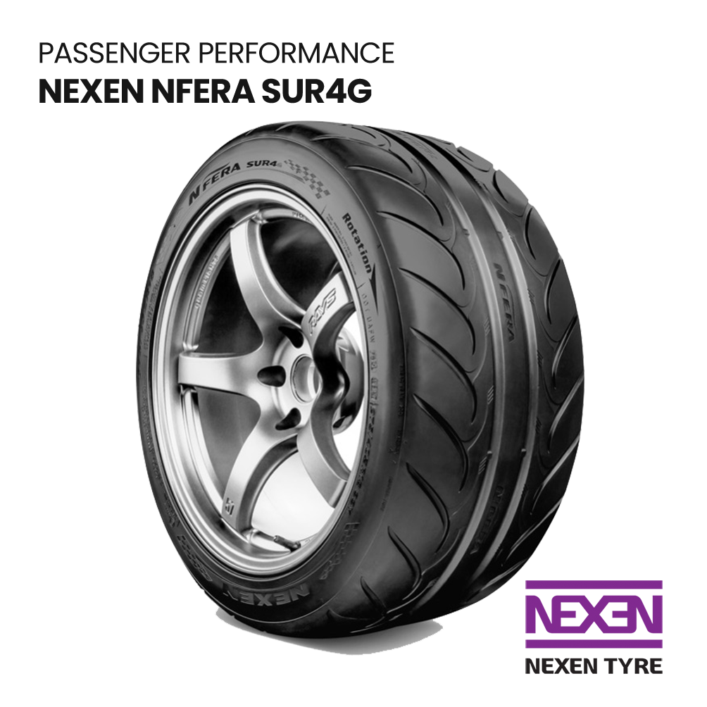 NEXEN N’Fera SUR4G performance tire on a silver alloy wheel, with Nexen Tire logo on white background