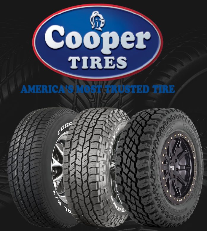 Cooper Tires logo above three off-road tires on a dark background with “America’s Most Trusted Tire” text