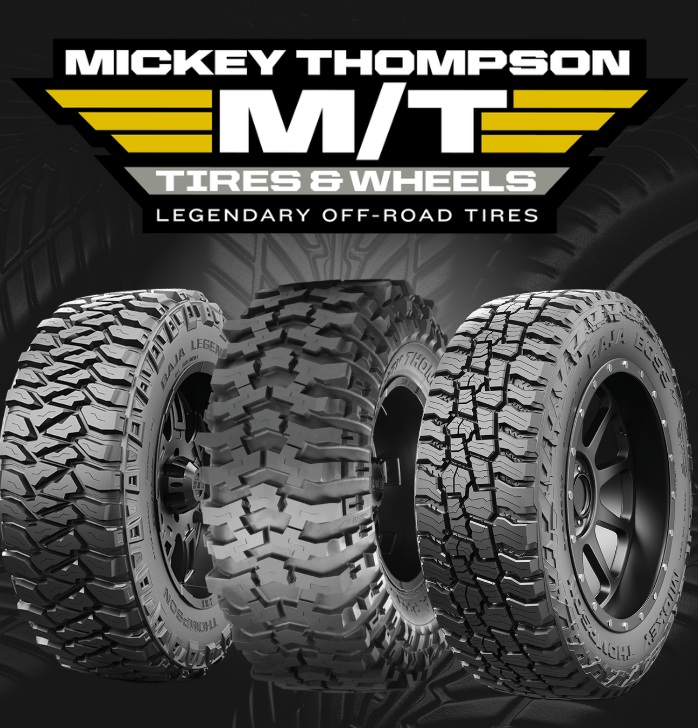Mickey Thompson M/T off-road tire ad showing three rugged tires on a dark background