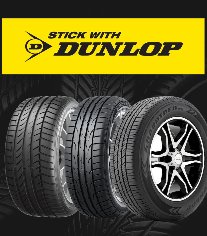 Dunlop tire ad with three black tires on a yellow and black background