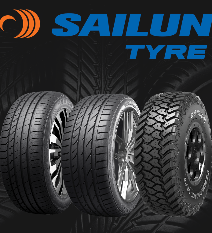 Sailun Tyre logo above three car tires on a dark background, showcasing tire tread designs