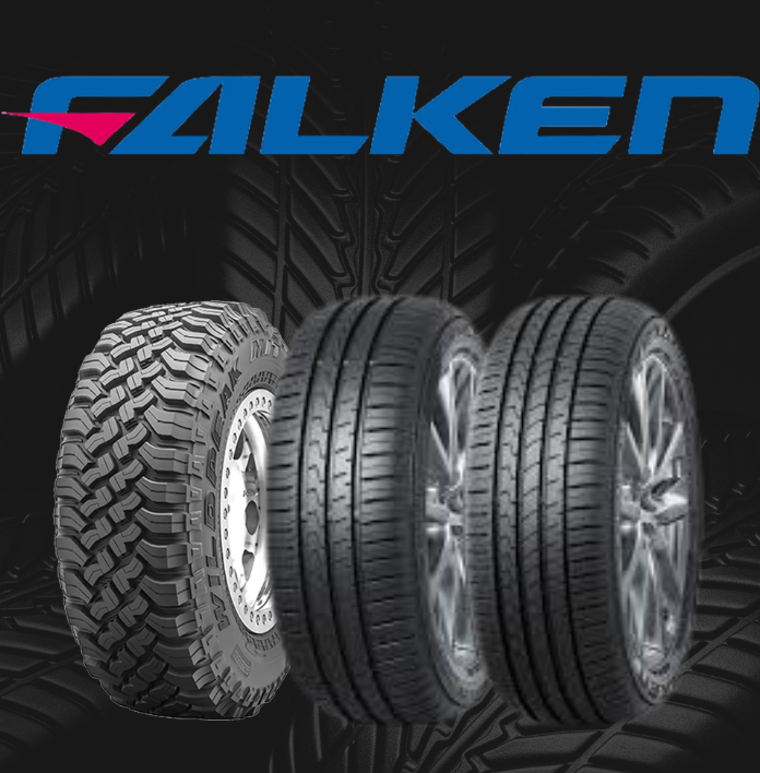 Falken tire ad showing three black off-road and road tires on a dark background