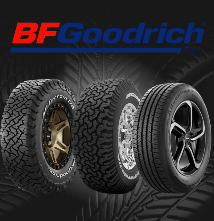 BFGoodrich tire ad with three off-road tires on dark background
