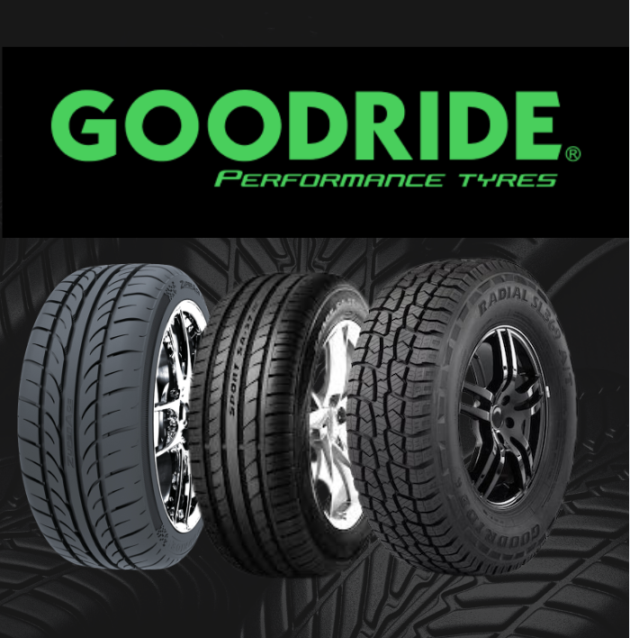 Goodride Performance Tyres logo above three black car tires on a dark tread-pattern background
