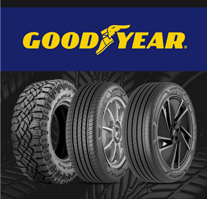 Goodyear logo above three tires on a dark background, showing rugged, all-season, and sporty tread styles