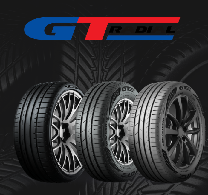 GT Radial tire advertisement showing three black car tires on a dark background with the GT logo above