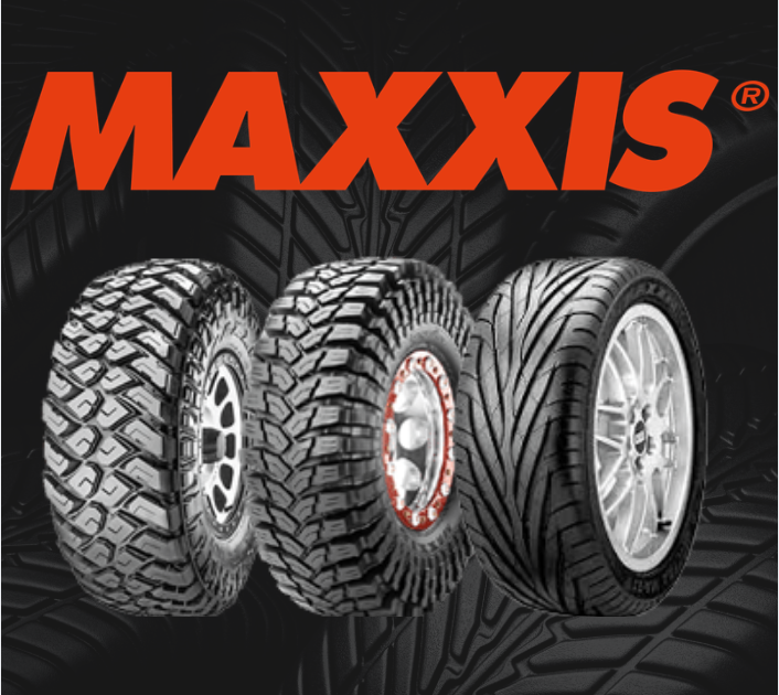 MAXXIS logo above three off-road tires on a dark patterned background
