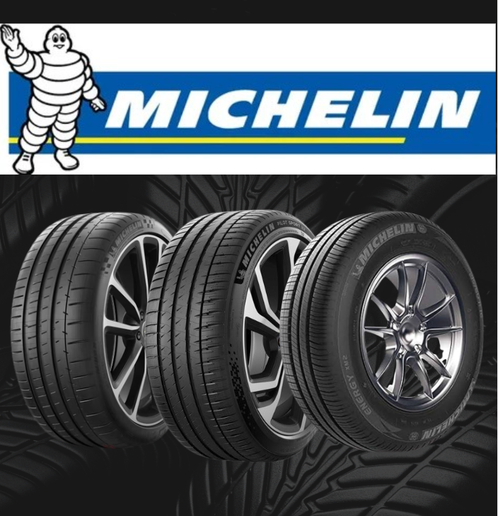 Michelin tire ad with logo and three black car tires on a dark background