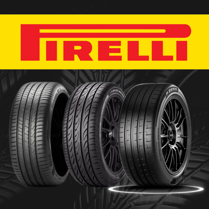 Pirelli logo above three black car tires on a dark background