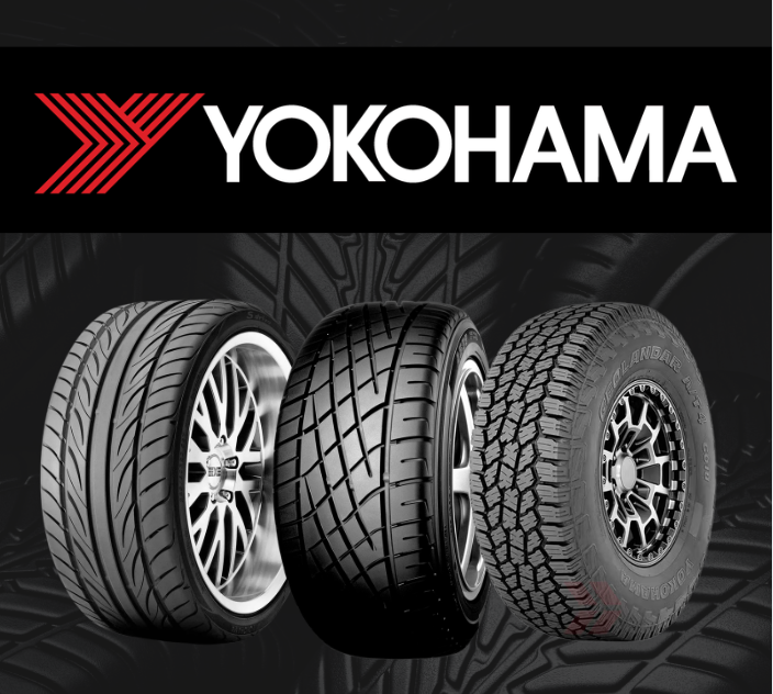 Yokohama tire advertisement showing three black performance tires on a dark background