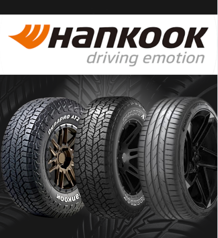 Hankook tire ad showing three black car tires on a dark background with the slogan “driving emotion”