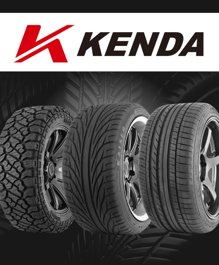 Kenda logo above three black tire treads on a dark background