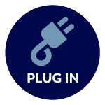 A dark blue circular icon featuring a light blue electrical plug symbol above the text