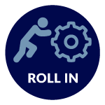 A blue circle containing a light blue icon of a person pushing a gear, with the white text