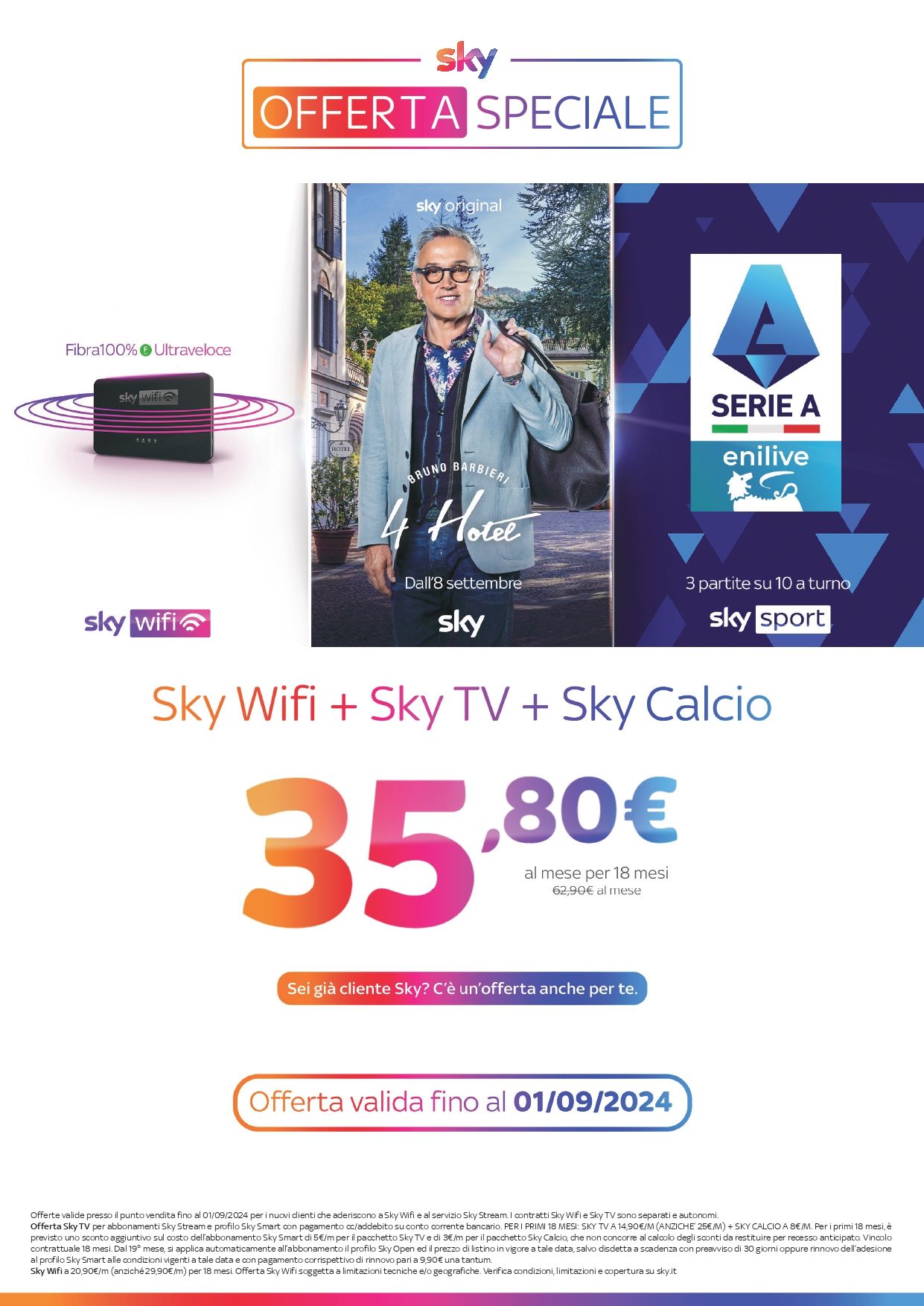 Poster promozionale Sky per WiFi, Sky TV e Sky Calcio, con il prezzo di 35,80€ e una promozione sulla Serie A.