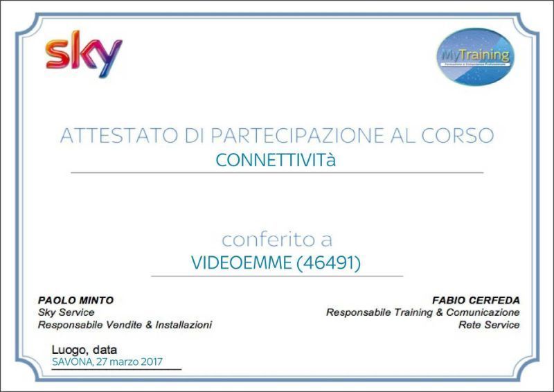 Certificato Sky di partecipazione al corso «Connettività», con nomi e firme, sfondo bianco e logo Sky.