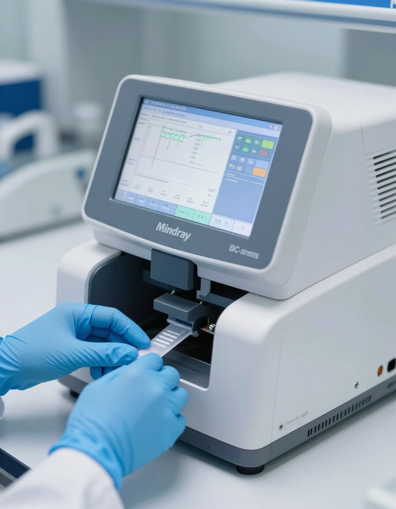 Manos enguantadas colocando una tira reactiva en un analizador de laboratorio con pantalla digital.