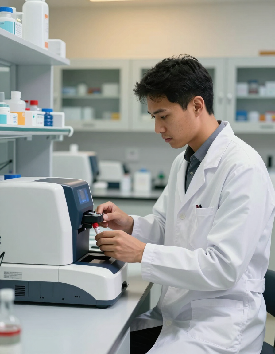 Un científico con bata blanca ajusta un instrumento de laboratorio en un luminoso laboratorio de investigación.