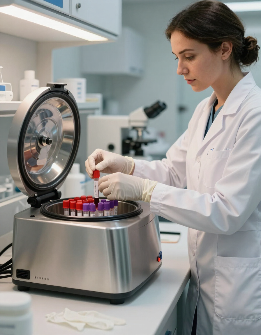 Técnico de laboratorio colocando tubos de ensayo en una centrífuga en un laboratorio clínico.