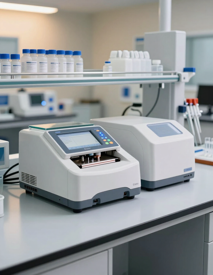 Máquinas analizadoras de laboratorio en una cabina de flujo laminar con frascos de reactivos al fondo.